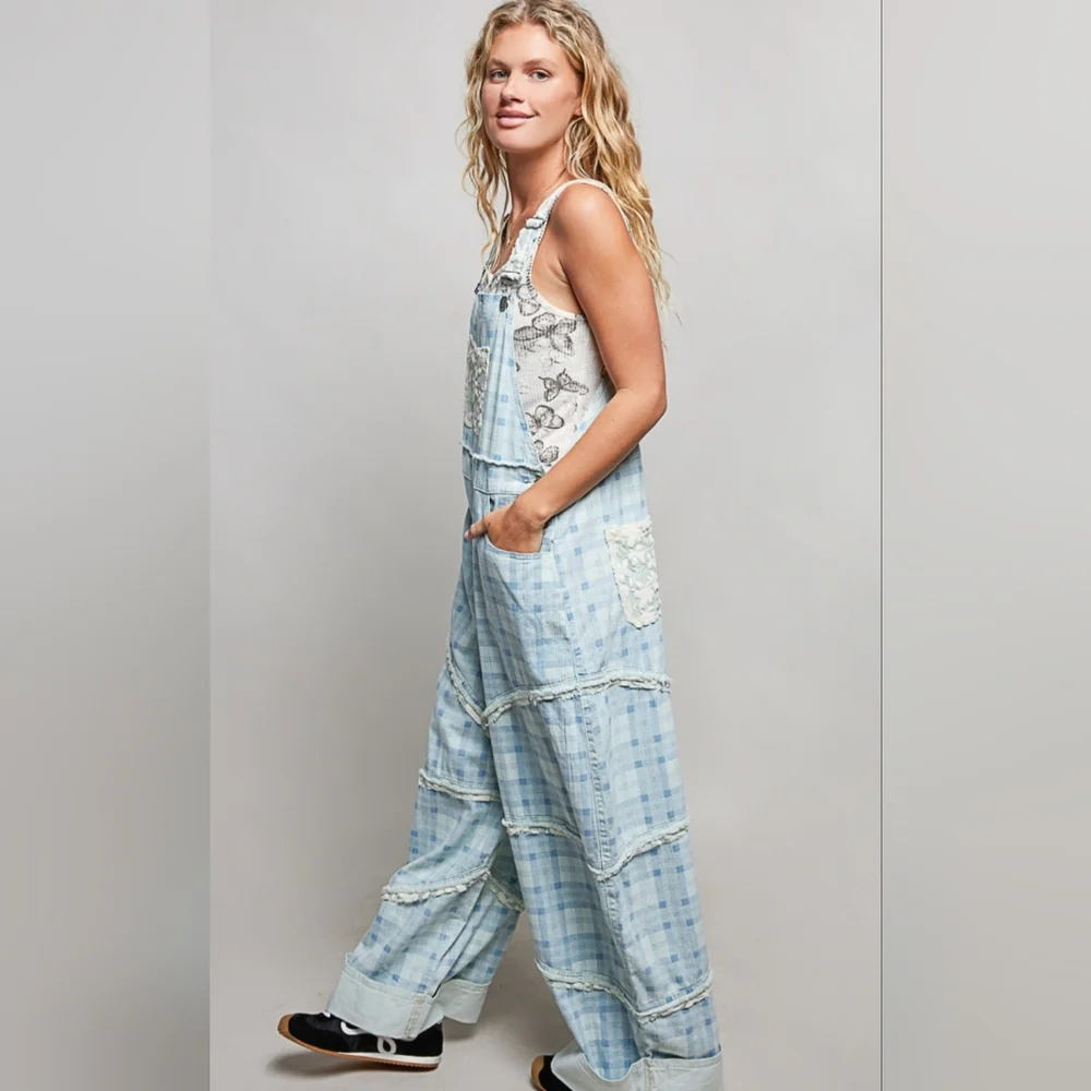 POL Light Blue Plaid Women Jeans Overalls - Picture 3 of 6